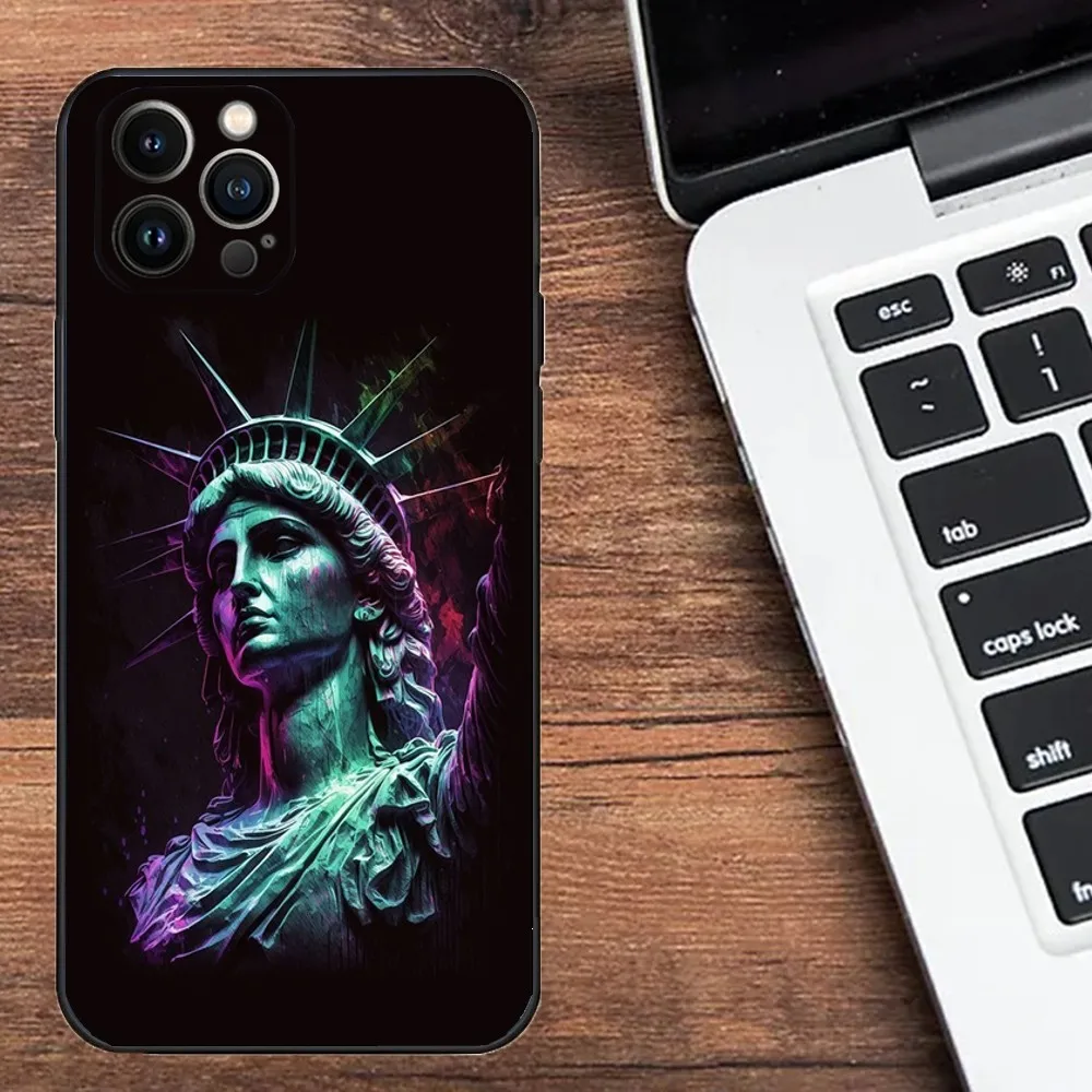 America Statue of Liberty Phone Case For Apple iPhone 15,14,13,12,11,XS,XR,X,8,7,Pro,Max,Plus,mini Silicone Black Cover