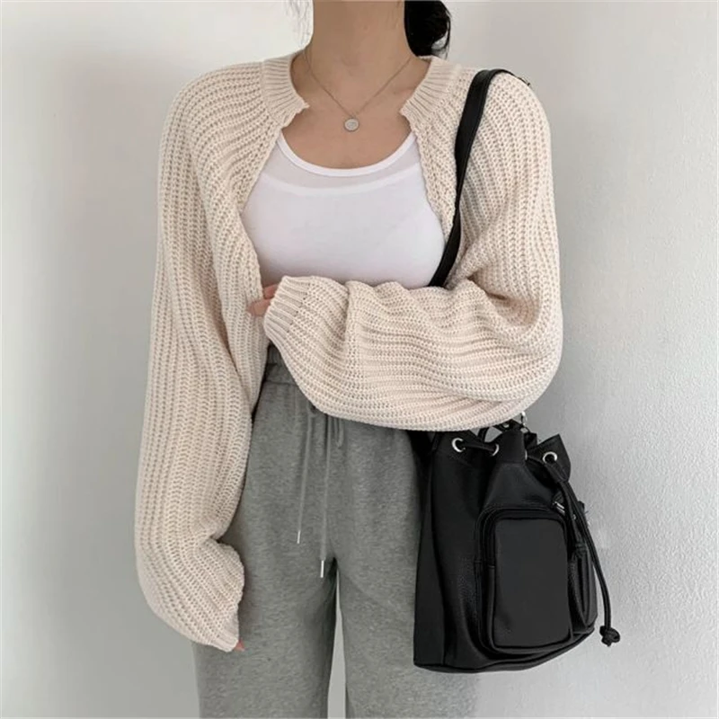 MEXZT Korean Fashion Women Loose Short Knitted Cardigan Sweater Fall Harajuku Lantern Sleeve Y2k Clothes Female Vintage Crop Top