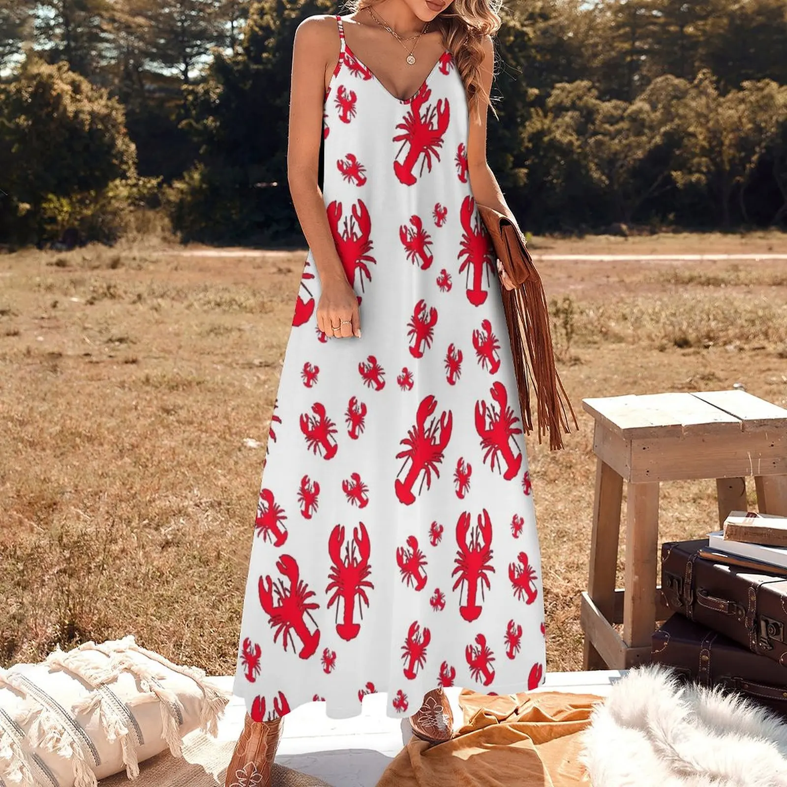 All Over Lobster Print Ärmelloses Kleid Damenbekleidung Damen lange Kleider