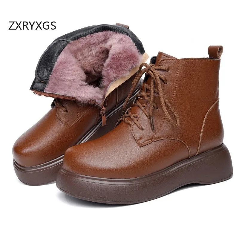 

ZXRYXGS 2025 Winter Genuine Leather with Plush and Wool Boots Comfortable Elegant Warm Snow Boots Thick Sole Women Cotton Boots