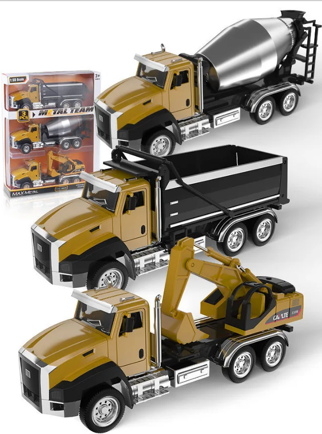 3PCS/set Children\'s Construction Vehicle Toy Set Alloy Pull Back Construction Vehicle Garbage Truck Mixer Truck Transport Truck