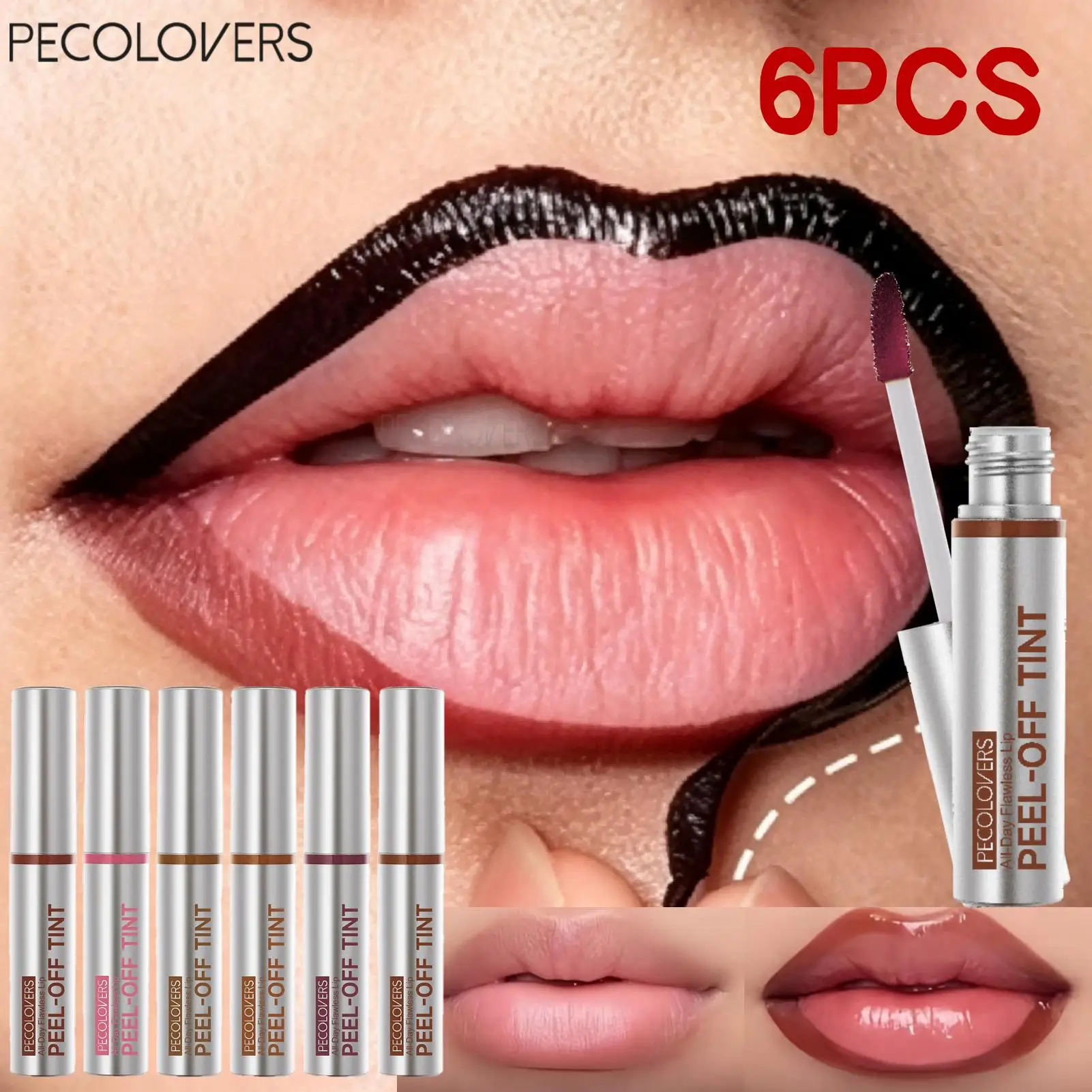 6pcs Multi-Colo-Off Lip Stain Set, Pink/Red/ Brown Tones Suitable for Hallowen Gifts -Off Lip Stain Lip Gloss - Long-Lasting