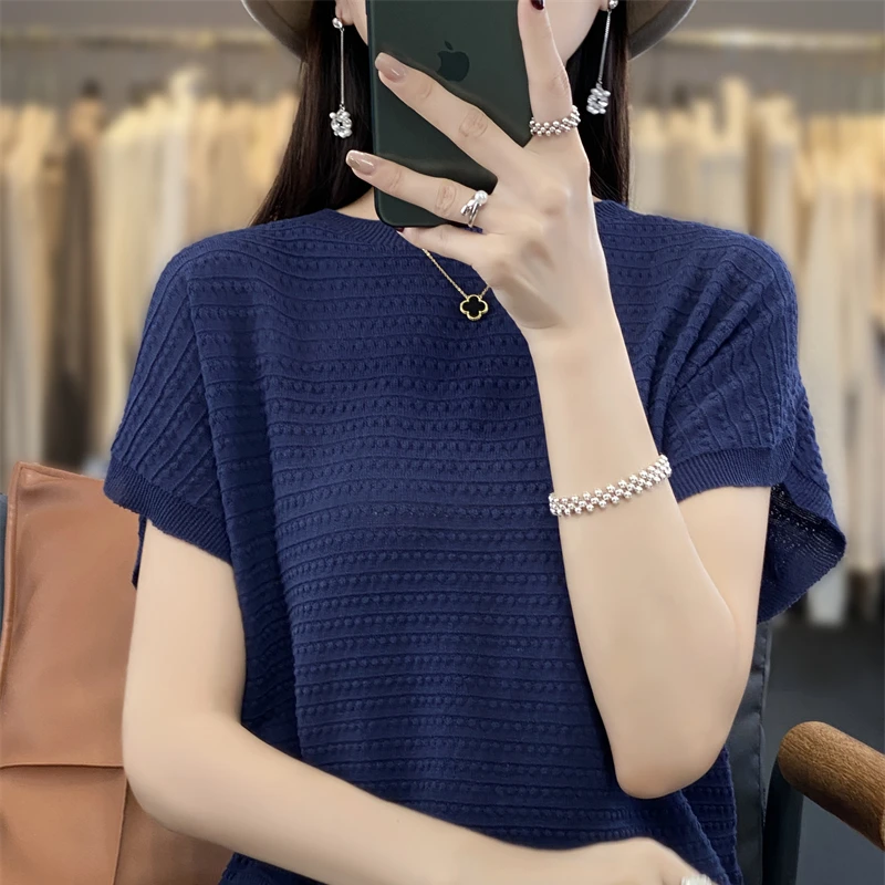 100 Percent Cotton Summer New Knitted Bat Shirt Loose Tshirt First Line High End Design Short Sleeves Blouse Top Women's t-shirt