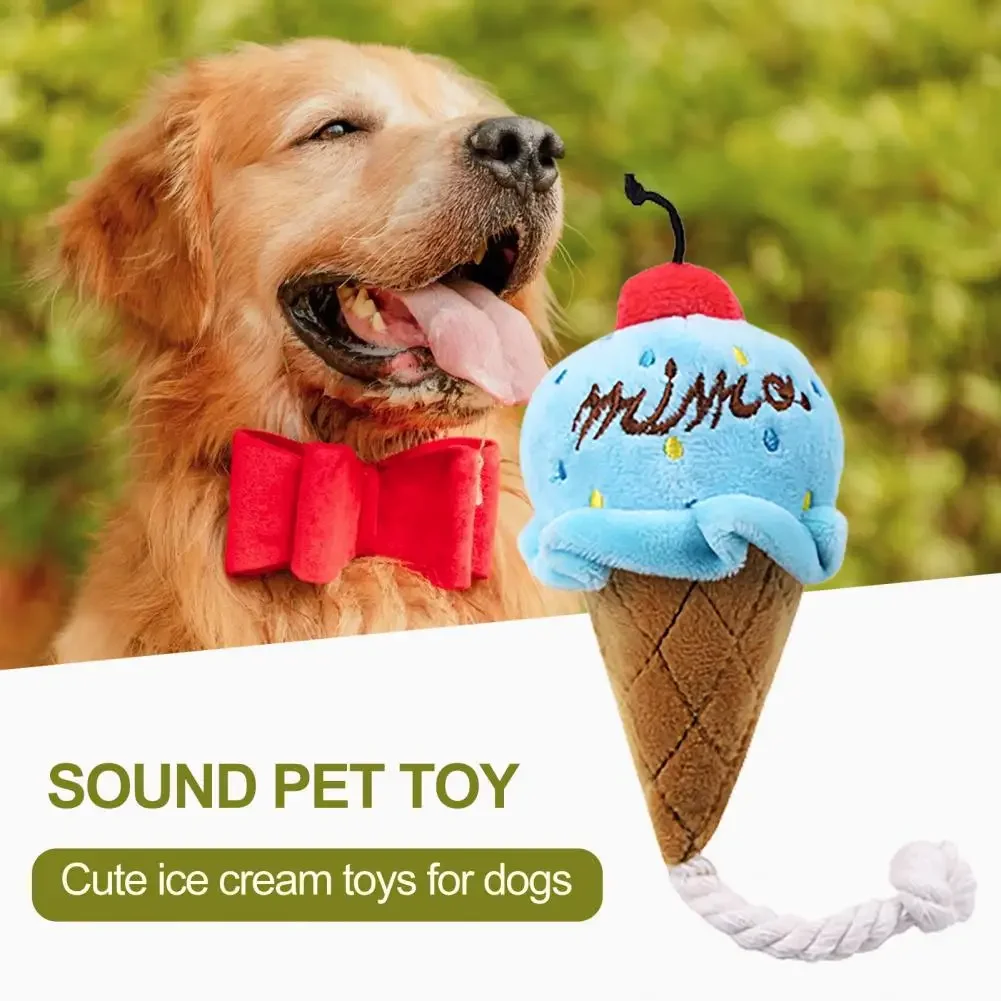 24-28cm Plush Dog Toy Ice Cream Shape Dental Health Bite-resistant Cartoon Cake Toy Built-in Sound Squeaky Dog Toy With Ropes