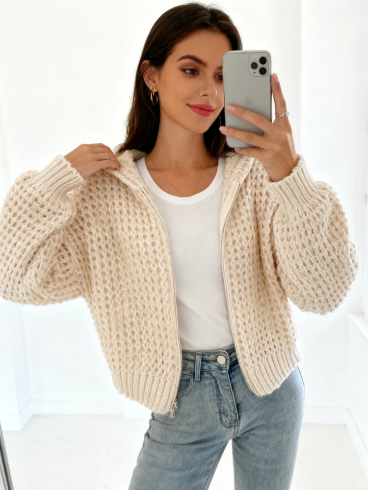 

НОВЫЙ модный женский вязаный уютный кардиган с капюшоном, повседневный приталенный свитер на молнии, куртка, элегантный однотонный вязаный топ