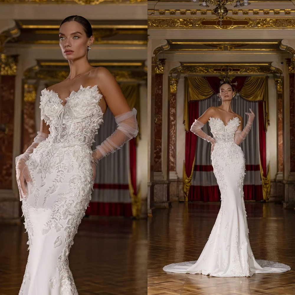 Glamorous Mermaid Wedding Dresses Sweetheart Appliques Sequins Lace Pleat Sweep Train Bridal Gowns Customized Robe De Mariée