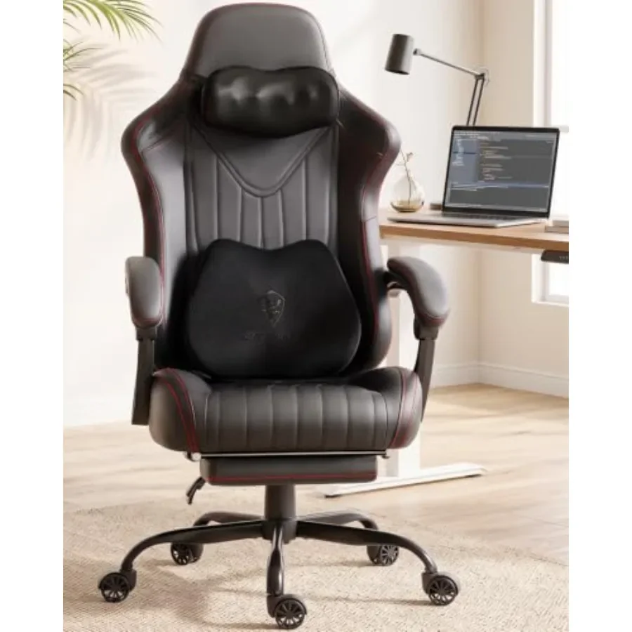 Ergonomic High Back Gaming Chair for Adults with Massager, PU Leather, Black, Lumbar Support and 3D Adjustable Armrests