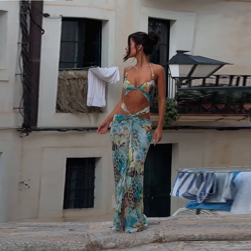 Dameskleding holle hete meid riem mouwloze sexy bedrukte jurk strand zomer slanke lange jurk