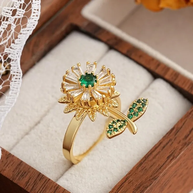 Unique 360 Spinning Flower Ring Adjustable Gold Plated CZ Ring - Perfect Birthday & Anniversary Gift for Friends & Women