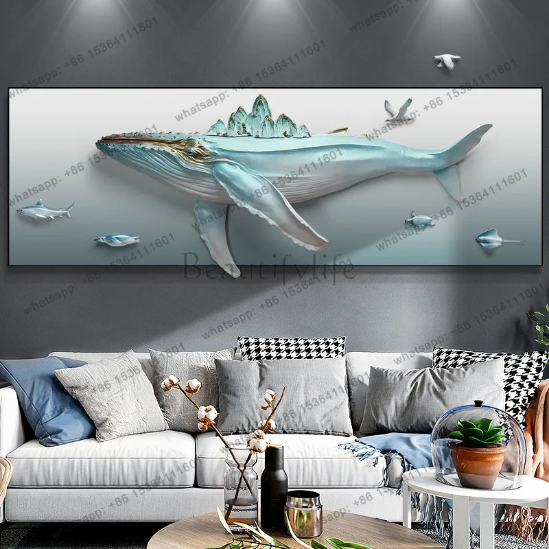 Whale 3D three-dimensional relief painting modern simple sofa background wall light luxury restaurant Nordic painting