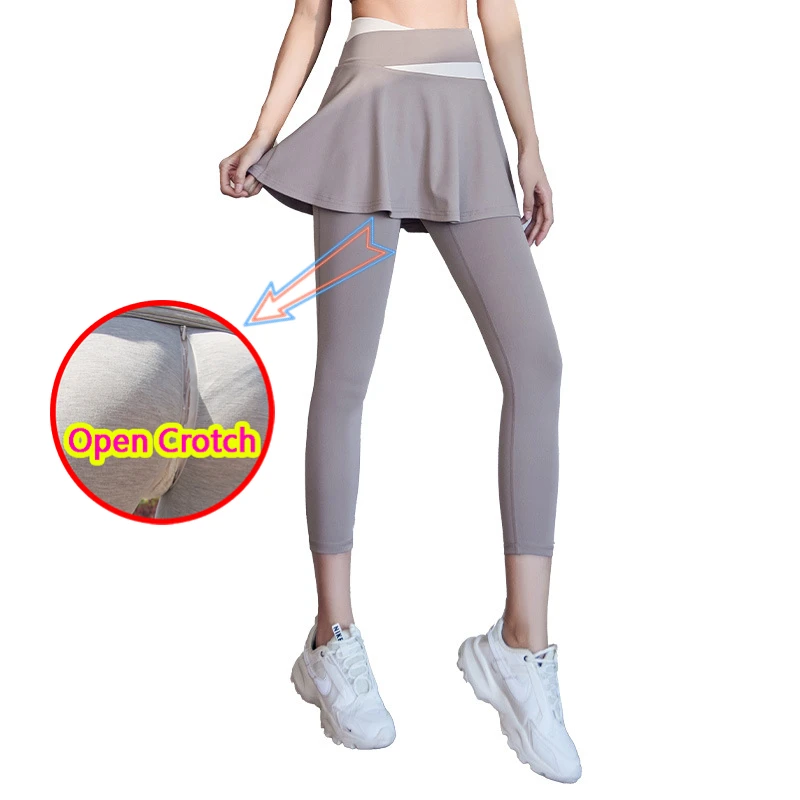 Woman Open Crotch Leggings with Fake Skirt Hidden Zippers Crotchless Panties Elastic Skinny Sport Girl Open Seats Pants Gifts