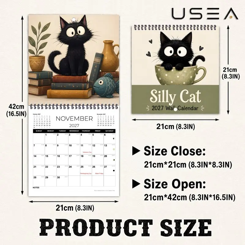 2027 Square Spiral Wall Calendar,2-Month Planner,US Federal Holidays & Lunar Phases,Silly Black Cat Design, Ideal Christmas Gift