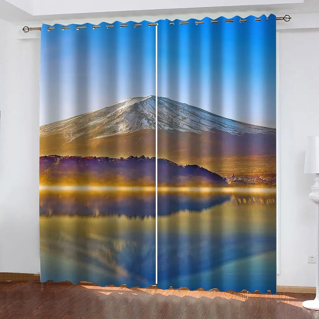 2Pcs Mountain Lake Reflection Curtains 3D Nature Landscape Living Room Bedroom Decor Blue Sky Lake Pattern Sun Shade Drapes