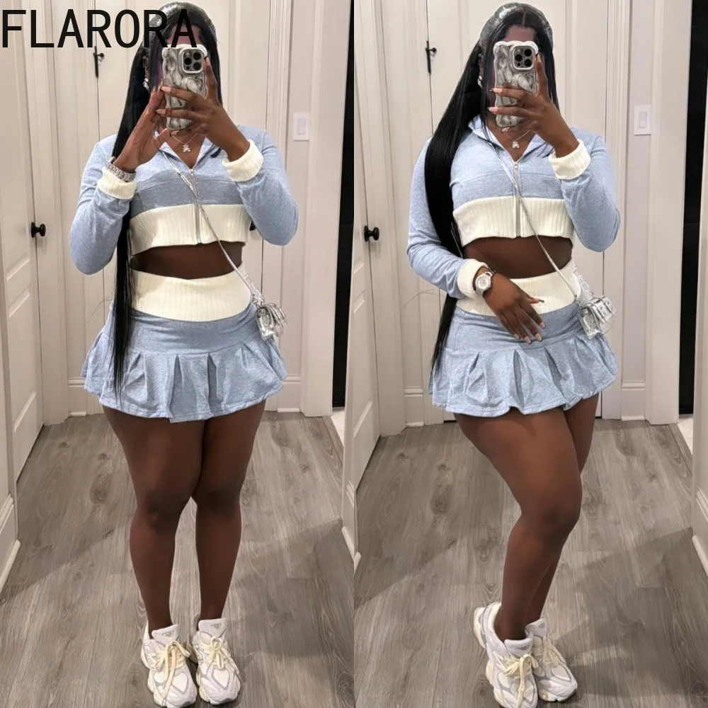 

FLARORA Fashion Patchwork 2 Piece Sets Woman Long Sleeve Hooded Zip Crop Top And Mini Pleated Skirts Outfits Female Streetwear