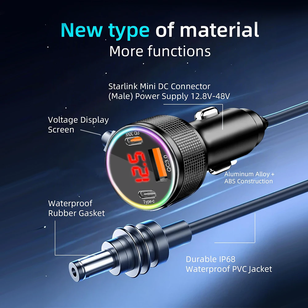 2/3m For Starlink Mini Car Adapter Cable PD QC3.0 Car Charger 12V-24V Cigarette Lighter Adapter for Car Truck RV Accessories