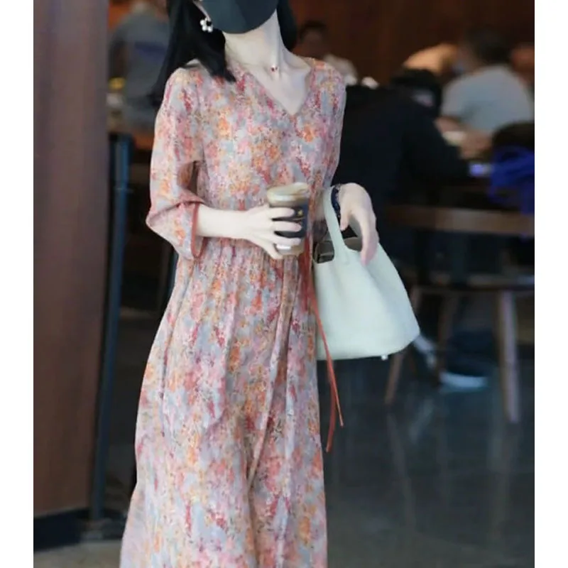 Korean Temperament 2024 Summer New Women\'s A-Line Dress V-Neck Printed Drawstring Elegant Loose Three Quarter Casual Long Dress