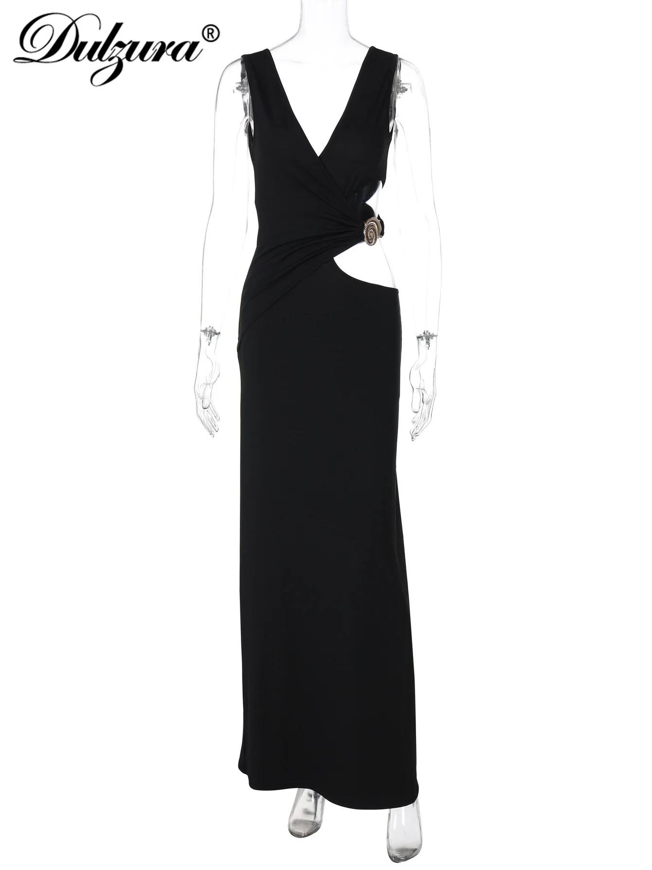 Dulzura Scollo a V senza maniche Backless Slim Cut Out Bottoni in metallo Maxi abito Solido sexy elegante abito lungo Party Club Abiti estivi