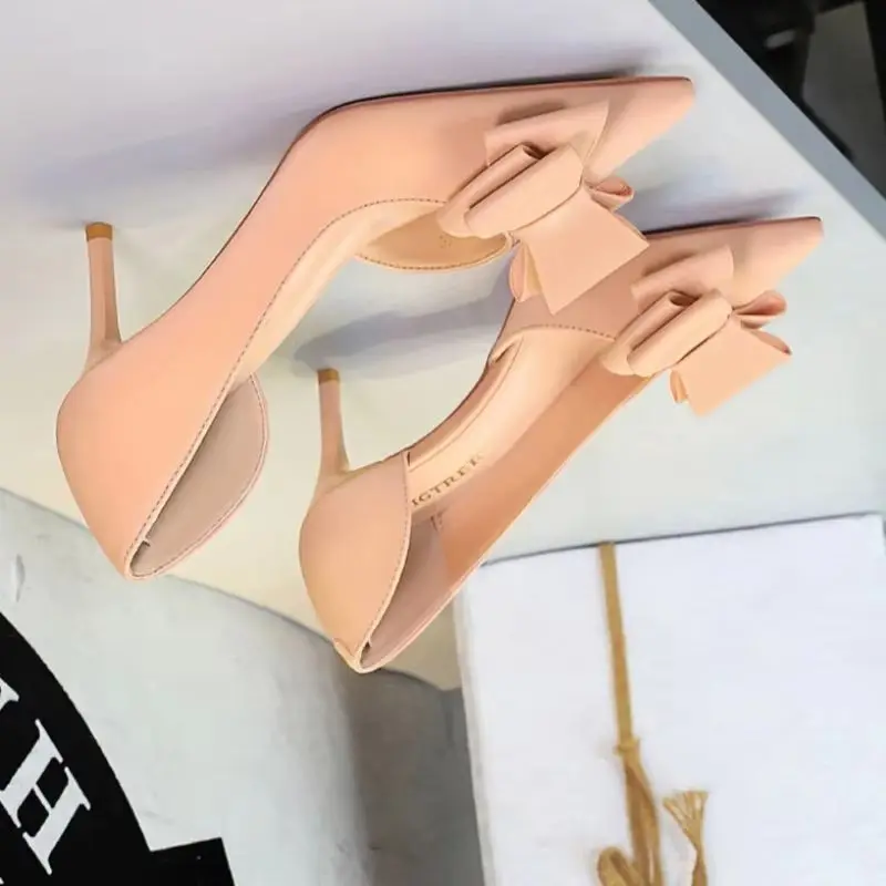 BIGTREE Fashion Party Female Pumps Wedding Purple Pink Solid Silk Elegant Women's Heels Shallow Side Hollow Butterfly-Knot Shoes