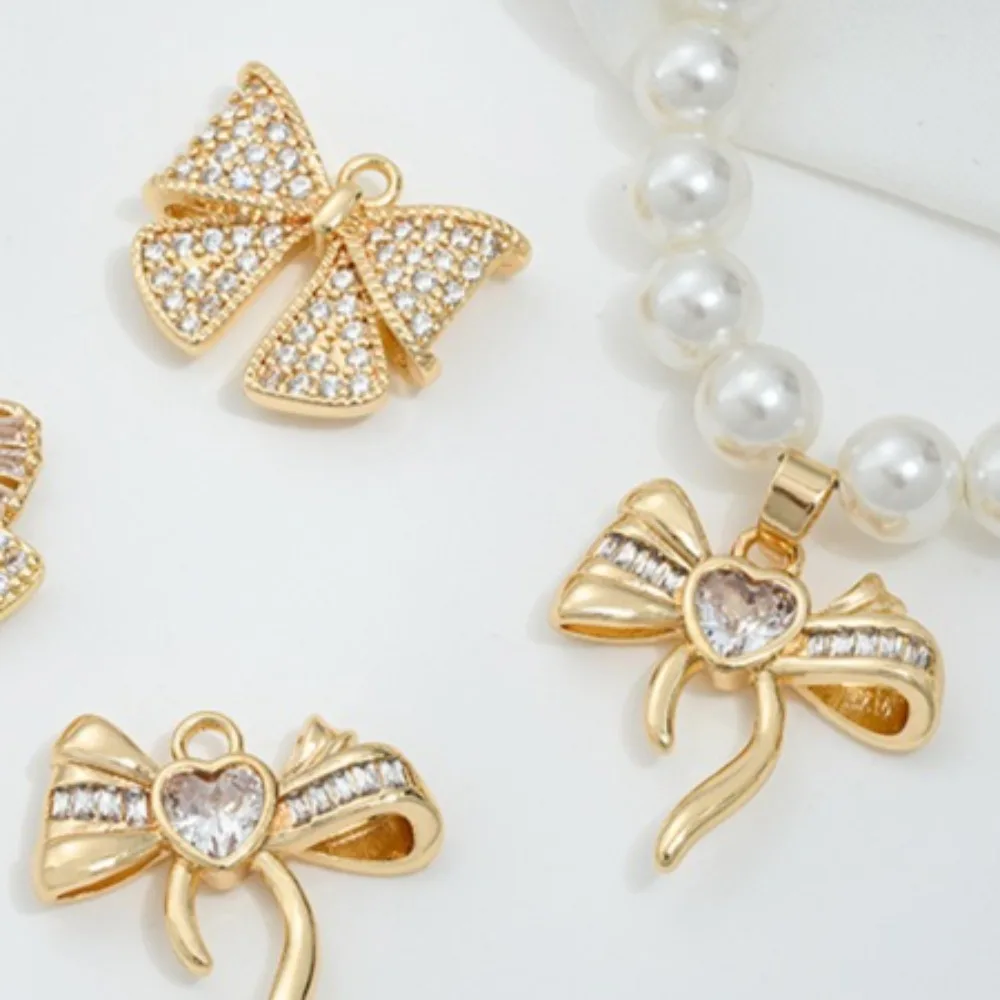 

1Pcs Copper Charms 14K Gold Color Zircon Bow Pendant Accessories Handmade Beaded DIY Necklace Earrings Jewelry Material