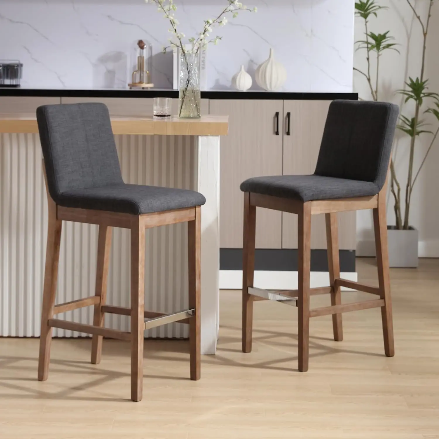 Set di 2 sgabelli da bar imbottiti in lino con schienale, legno massello secolo 30', antracite