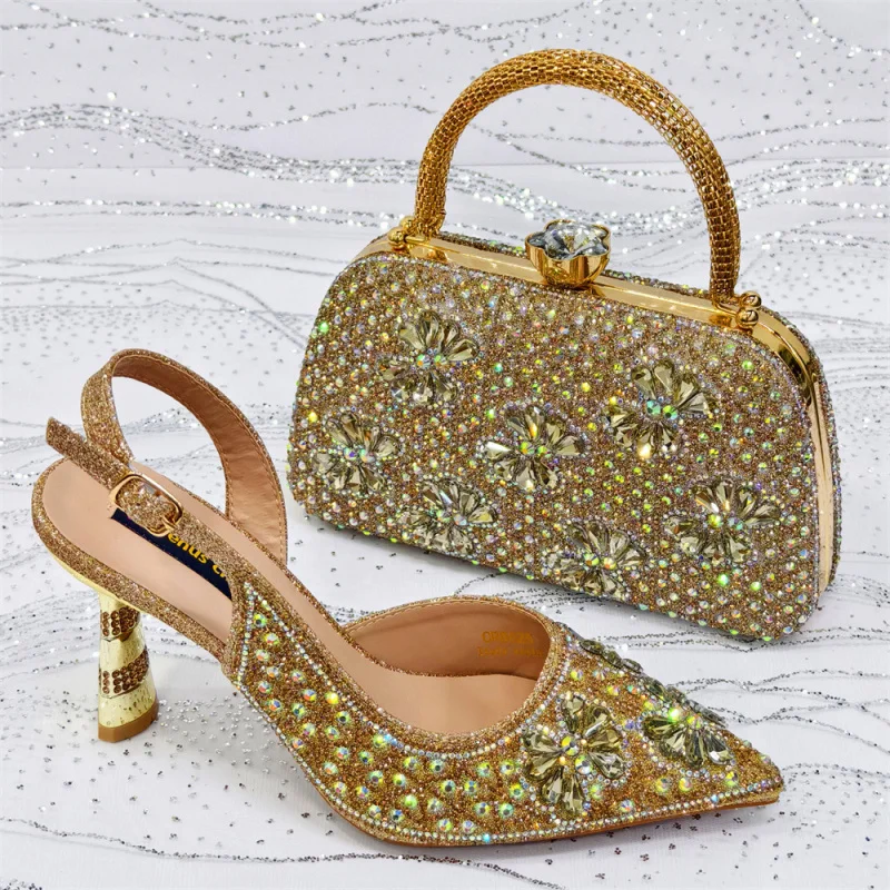 

Women's Bag Shoe and Bag Matching Set Women's Pointed High Heels Double-Sided Full 3DRhinestone flower Small Square Bag