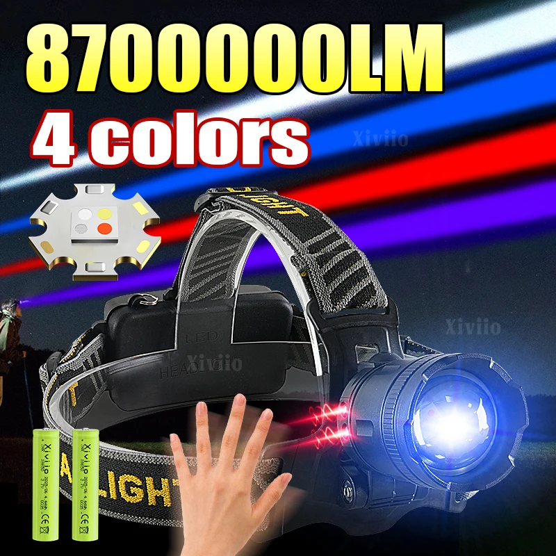 

8700000LM 4 цвета Мощный налобный фонарь TYPE-C Перезаряжаемая фара 18650 Телескопический зум Кемпинг Рыбалка Налобный фонарь УФ-налобный фонарь