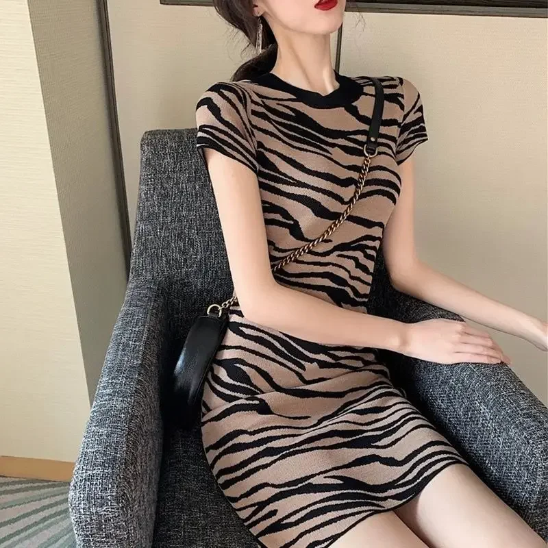 Striped dress women's short-sleeved retro leopard print temperament straight skirt dress for women