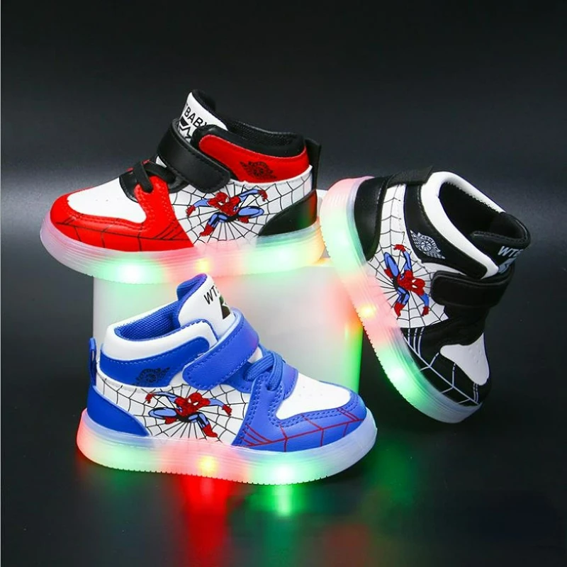 

Disney Spiderman Sneakers Boys LED Light Up Toddler Girl Shoes First Walkers New Glowing Shoes Size 21-30 Gifts for Kids