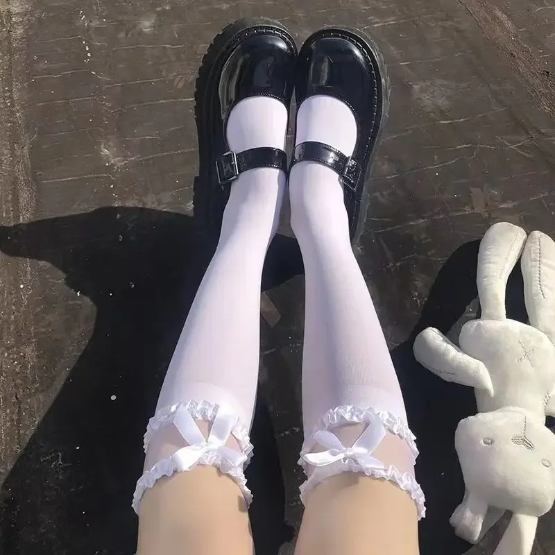 Sweet Lolita Splicing Mesh Velvet Bowknot Mid Length Socks Japanese Girls Cosplay Frilly Stringy Selvedge Silk JK Anime Hosiery