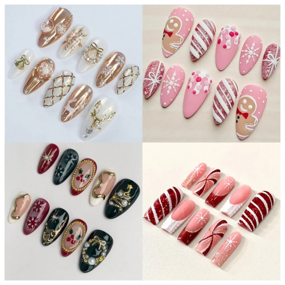 

10 Pcs Christmas Press On Nails Handmade Almond Fake Nails Painting French 3D Snowflake Design False Nails Reusable Nails Set