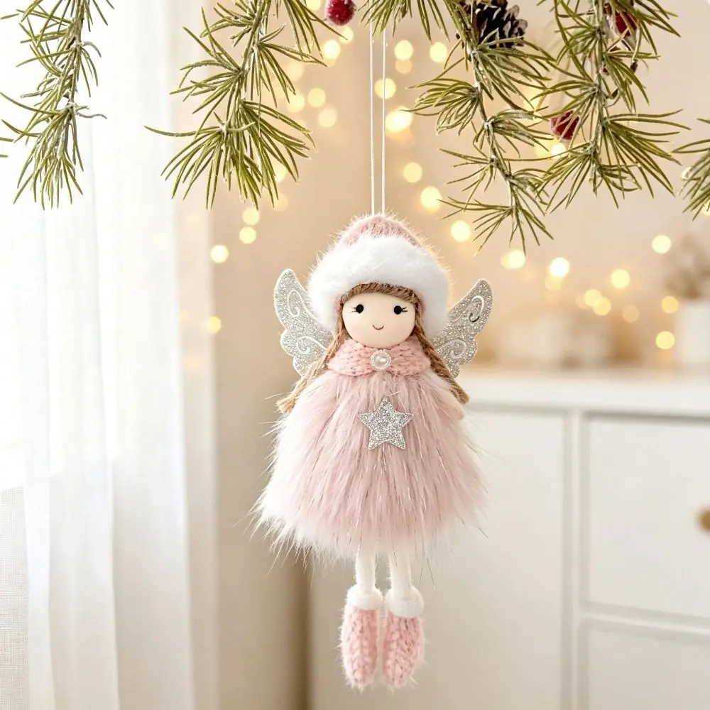 Soft Material Christmas Angel Ornament Sitting Pose Keychain Charm Design Angel Hanging Pendant Fluffy Wings Doll Face Detail view 2