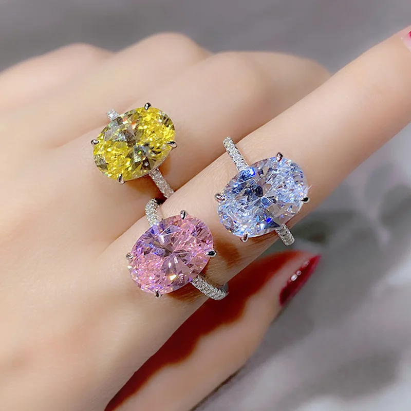 خاتم ألماس من الفضة الإسترليني عيار 925 بيضاوي 4 قيراط للنساء - خواتم مجوهرات الزفاف المتلألئة والخطوبة وحجر كبير