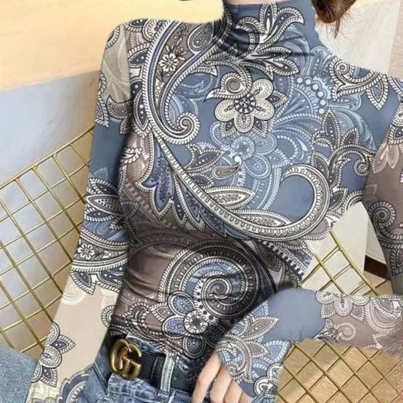 Tops T-shirts Undershirts Women's Autumn/Winter Half-high Neck Wool Blend Printed Slim Fit New Youthful Casual Niche Versatile