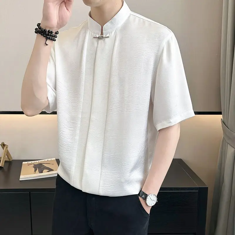 New Chinese Ice Silk Trendy Brand Handsome Short-sleeved Men's Summer Shirt 2025 New