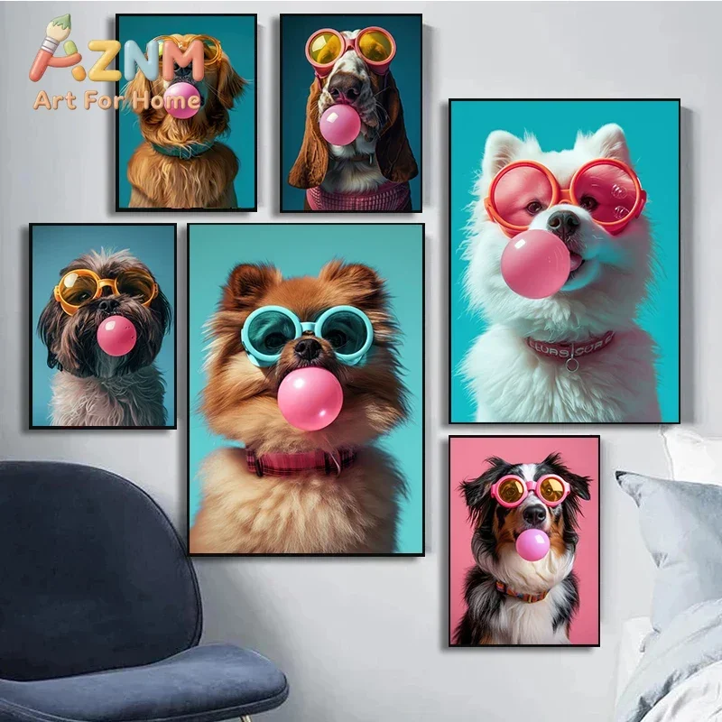 Dog Colorful Bubblegum Sunglasses Poster Prints Samoyed French Bulldog Corgi Canvas Painting Wall Art Picture Room Home Decor