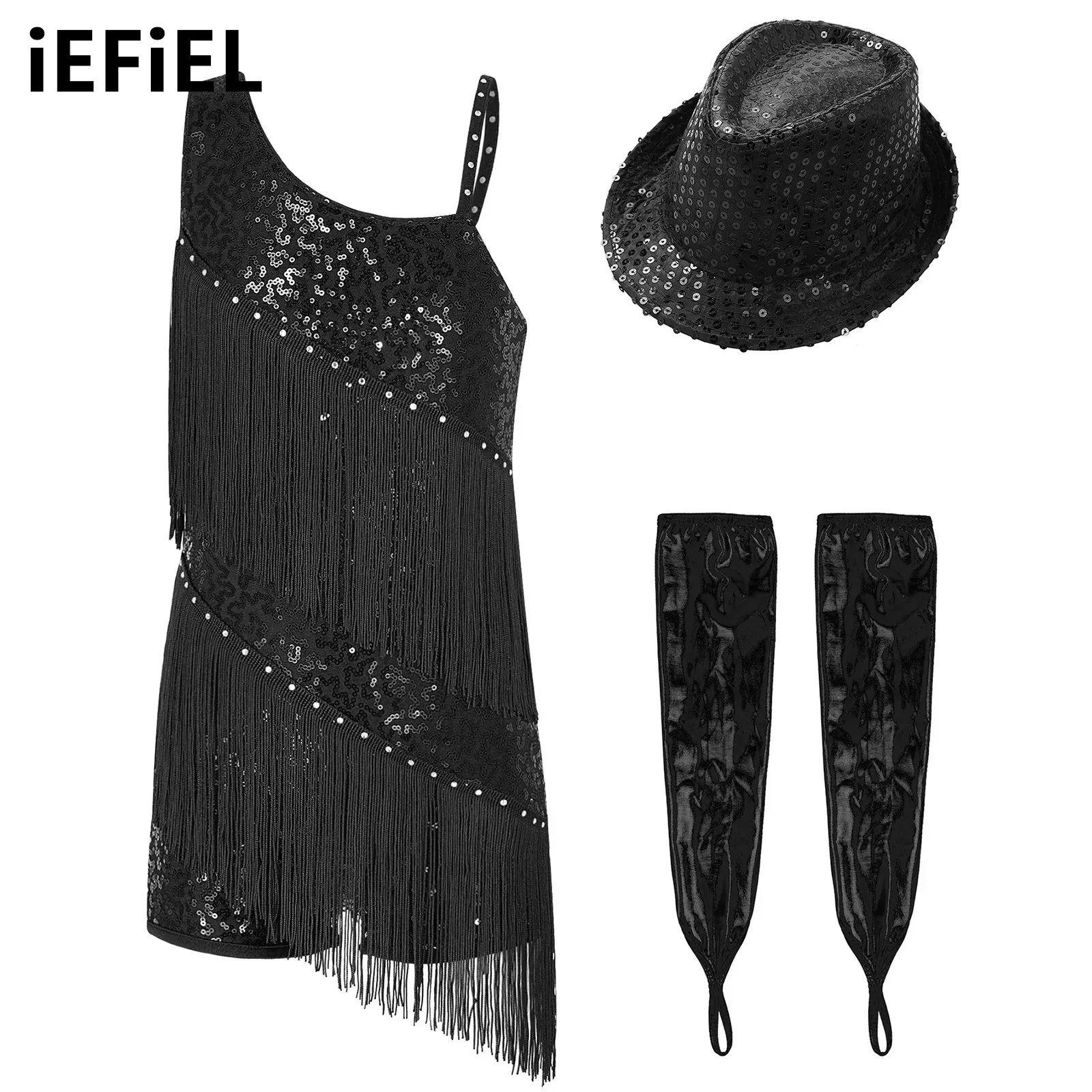 

Kids Girls Latin Dance Sets Oblique Shoulder Rhinestones Decorated Tassels Sequin Leotard with Metallic Gloves And Sequins Hat