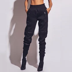 Oshoplive Trendy High-Waisted Solid Color Zipper Casual Sports Pants 2023 Autumn Winter Black Zipper Fitness Trousers For Women