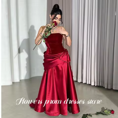 Flowers Red Prom Strapless Evening Dresses A-Line Party Dress Sleeveless Pleats Christmas Dress فساتين مناسبة رسمية Customized