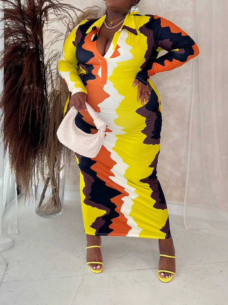 

SKMY Women Clothing Fashion Commuter Turn-Down Collar Printed Long Sleeve Hip Wrapped Dress 2025 Spring New Party Long Dresses