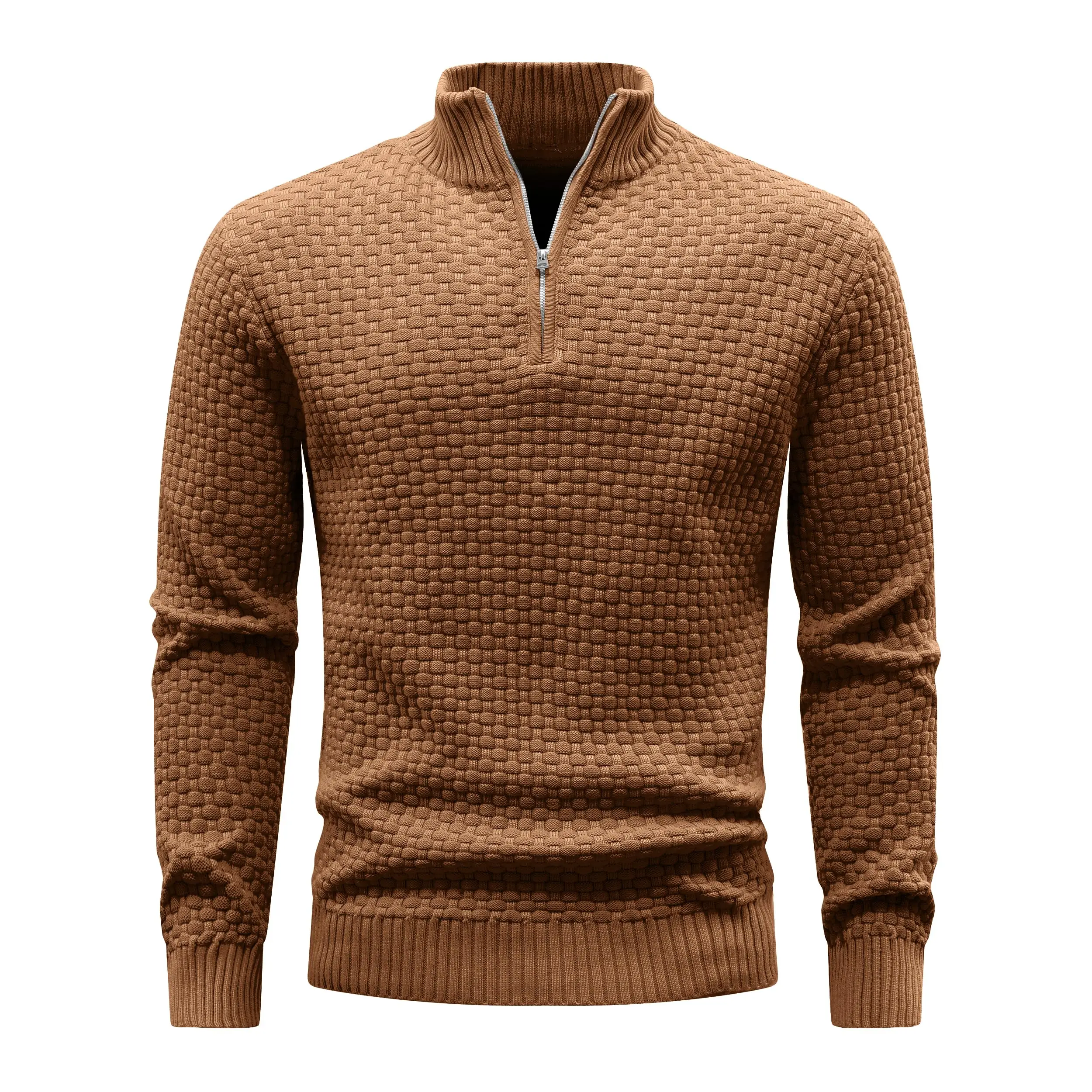 

Men's Sweater Winter Warm Zip Up Pullover Waffle Knit Mock Neck Turtleneck Soft Pure Color Long Sleeve Top US Size