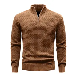 Men's Sweater Winter Warm Zip Up Pullover Waffle Knit Mock Neck Turtleneck Soft Pure Color Long Sleeve Top US Size