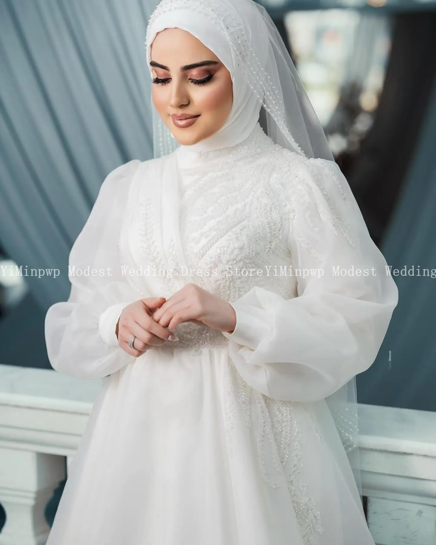 Summer Muslim Wedding Dresses for Bride High Neck Long Sleeve Sweep Train Beading Hijab Women Bridal Gowns свадебное платье