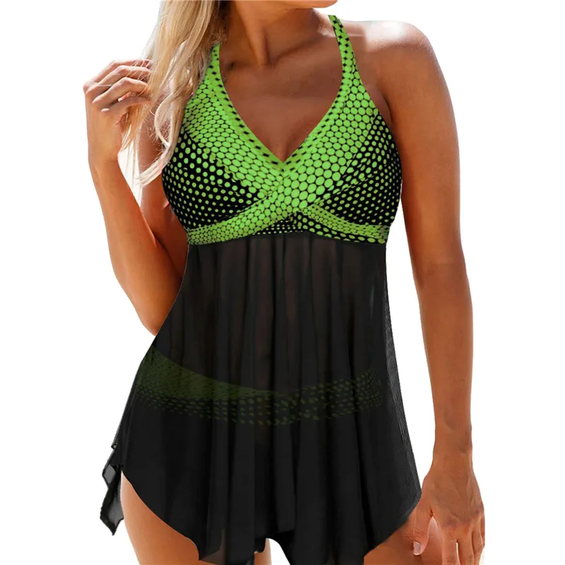 S-3XL Big Size Women Two-Piece Swimming Suit V-Neck Sleeveless Variegated Color Tops Lake Blue Green Orange Purple Lady Swimsuit