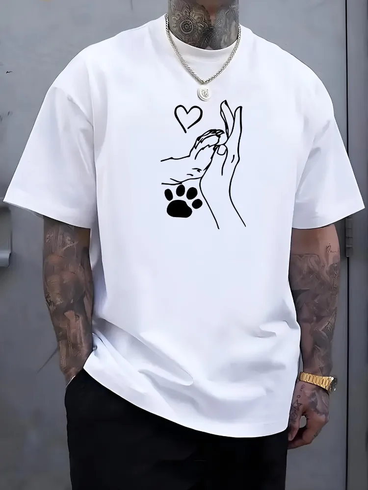 Mens Soft Cotton Tee Human Hand Dog Paw Heart Line Art Print Gift For Pet Lover Animal Owner Casual Male Short Sleeve Daily Wear