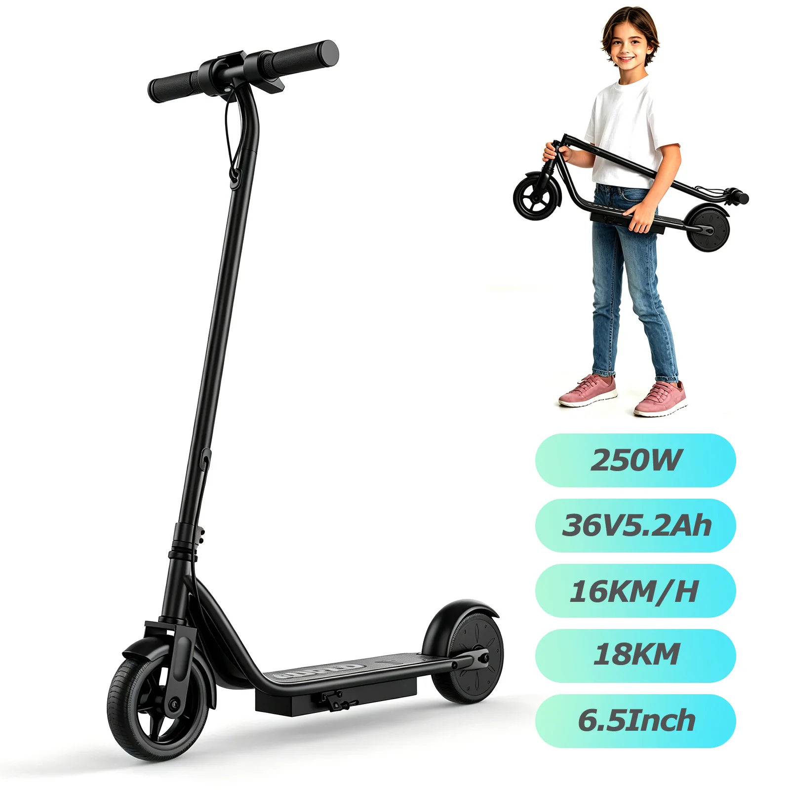 AOVOPRO KIDO K65 Elektrische Scooter voor Kinderen 250W 18KM Lange Actieradius 16KM/H Dubbele Rem 6.5Inch EScooter Veilig Verjaardagscadeau voor Jongens en Meisjes