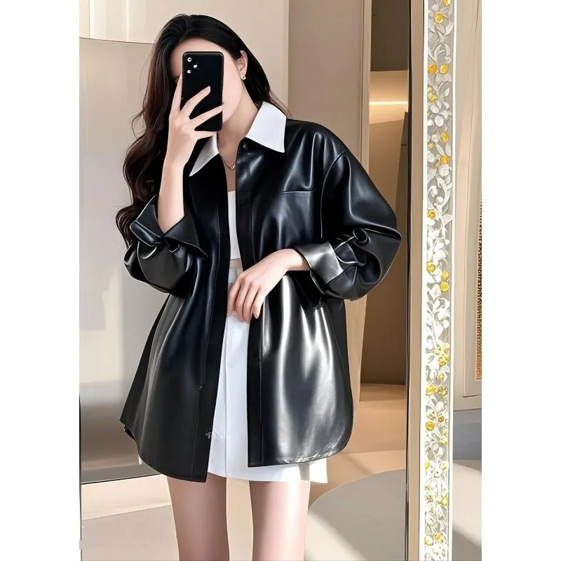This Year's Popular Explosion of Small Korean Version Unique Super Beautiful Small Fragrance Black Yellow Leather Shirt Coat