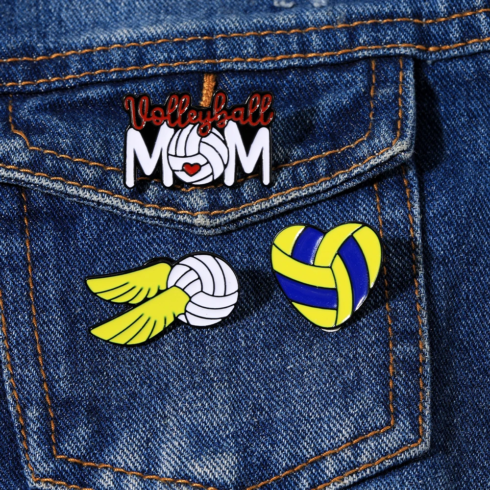 Novelty Volleyball Theme Enamel Brooches Heart Shaped Mom Wings Design Pins Sports Fans Badge