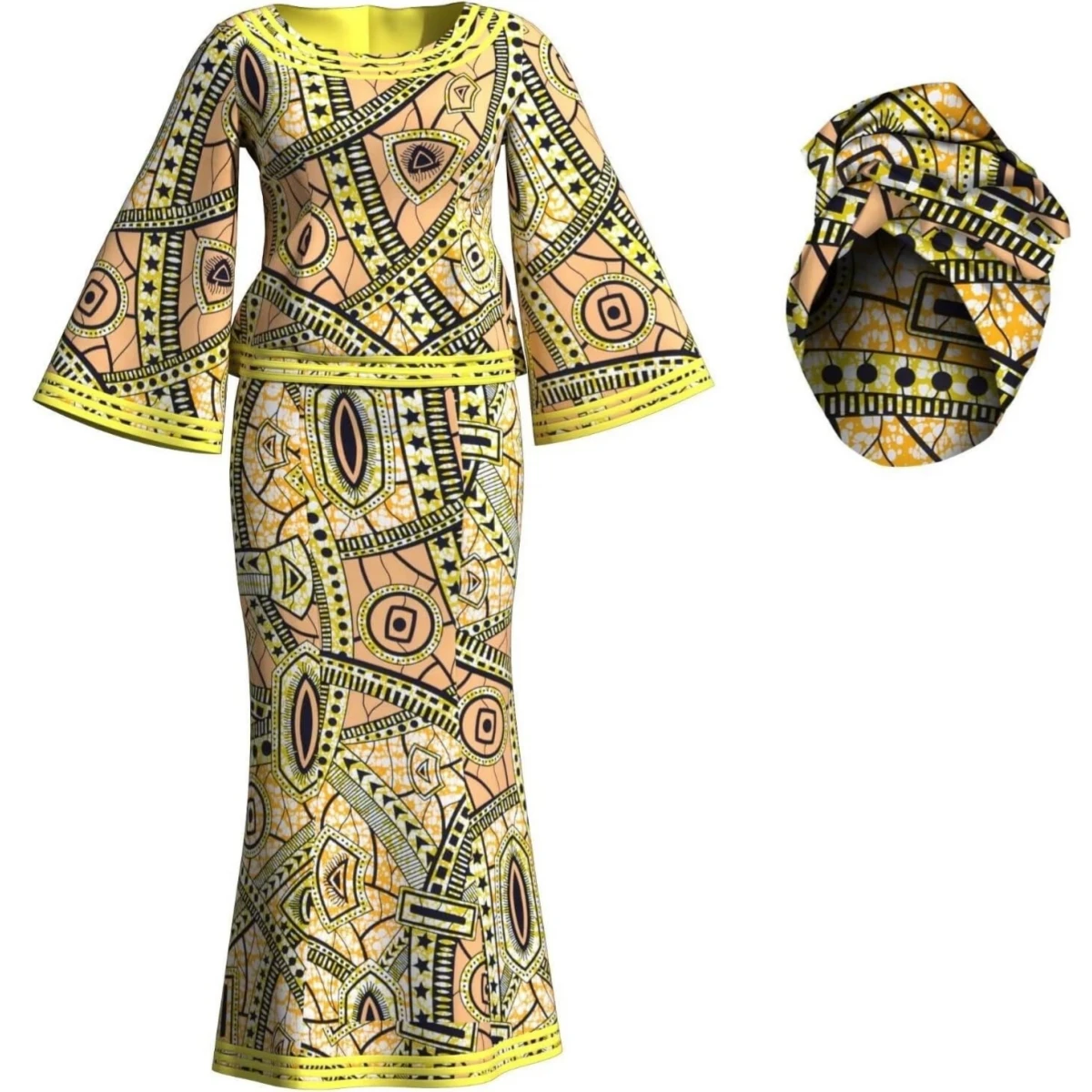 African Clothes for Women Ankara Print Long Sleeve Top and Skirt 2 Pieces Set with African Headwrap Lady Dashiki Clothing WY2372