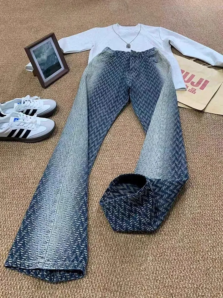 

American Retro Knitted Floral Jeans Men's Sle Autumn Cleanfit adient Design Straight Leg Micro Flare Pants Casual Cotton