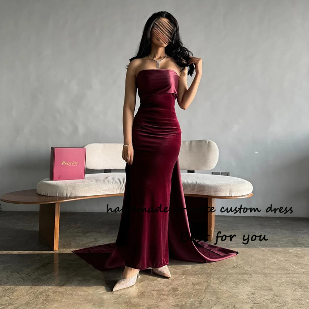 

Wine Red Mermaid Evening Dresses Strapless Bodycon Long Formal Prom Dress with Train Arabian Dubai Occasion Party Gowns